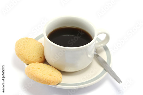 Cup of black coffee with 2 shortbread biscuits on the side