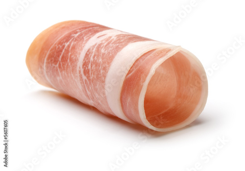 fresh prosciutto roll isolated on white close up