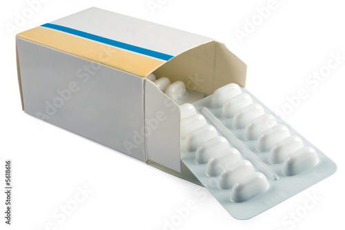 Medication in a box on a white background with copy space