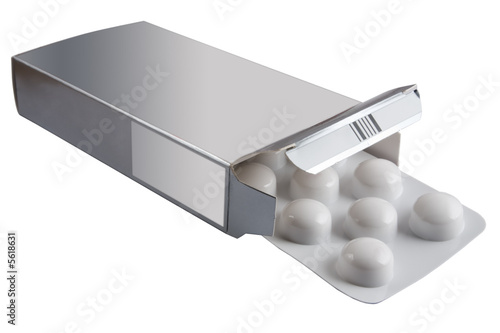 Medication in a box on a white background with copy space