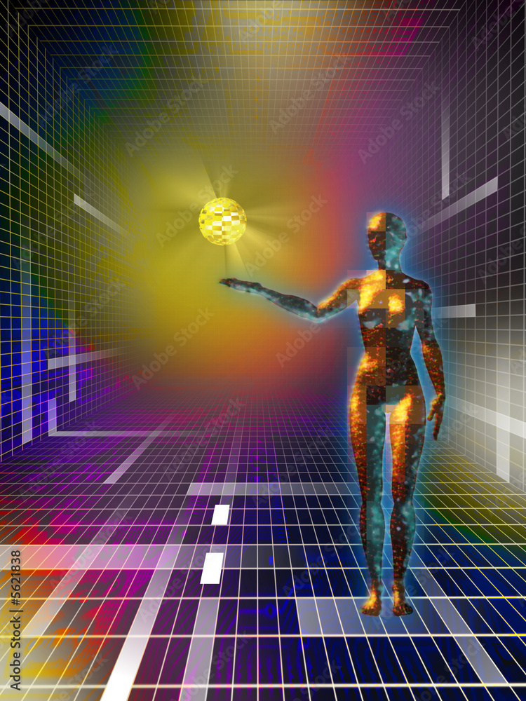 Female figure holding a data sphere in cyberspace.