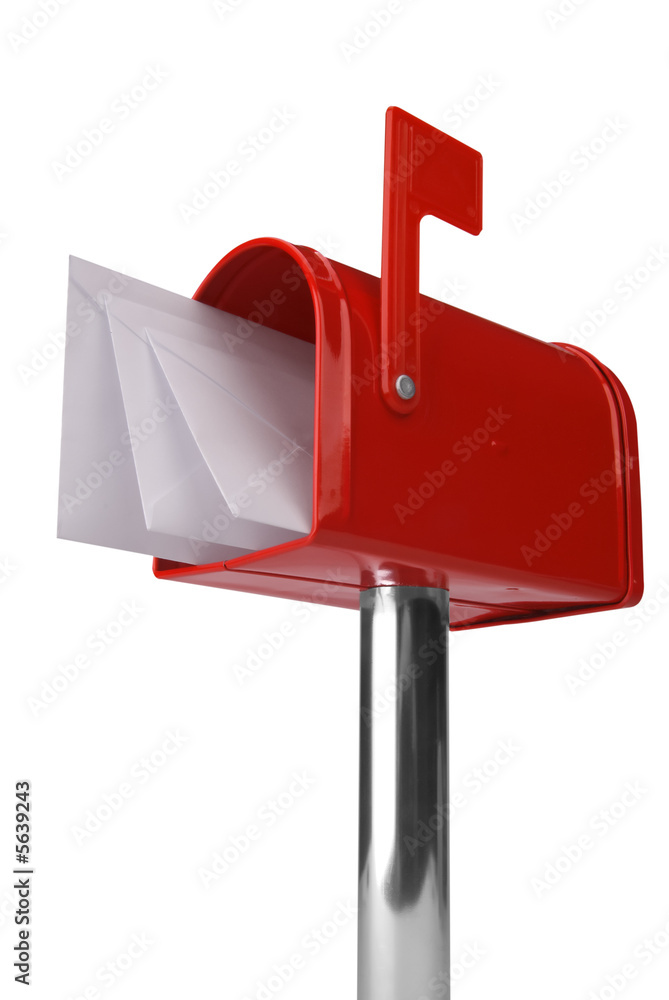 A standard red mailbox with mail and flag isolated over white A standard red mailbox with mail and flag isolated over white
