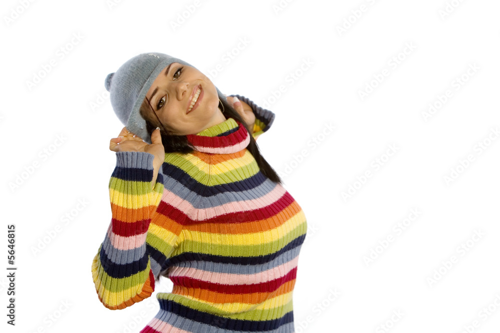 Pretty woman in winter sweater and hat Pretty woman in winter sweater and hat