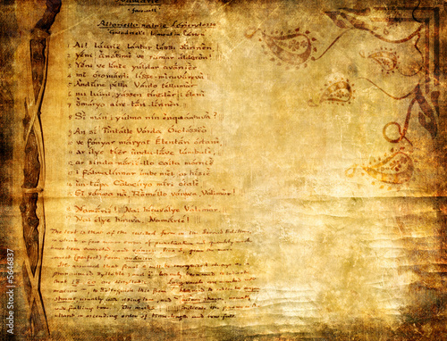 Ancient Manuscript Background with Floral Ornament. Grunge Parchment Texture of Old Burnt Paper. Medieval Antique Page with Ragged Edges and Gothic Decorative Elements for Mystery History Design
