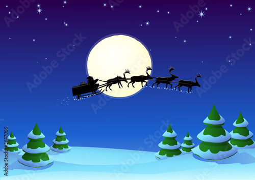 Pére Noël au dessus des sapins enneigés