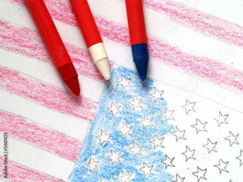 Partially complete drawing of US flag with wax crayons