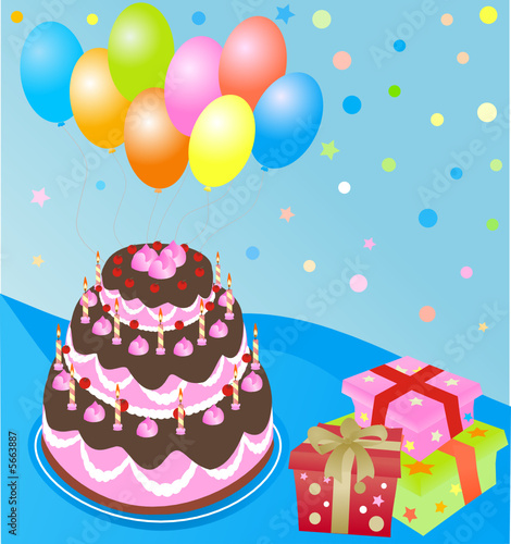 birthday cake, gift box, balloons