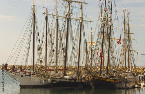 Three Tall Ships in Dana Point all docked together.
