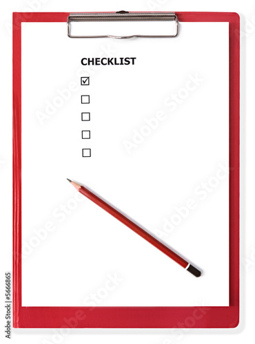 Red clipboard with blank checklist. With clipping path.
