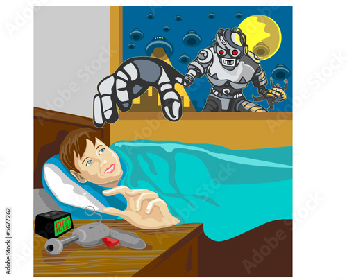 Alien invading robot about to snatch boy