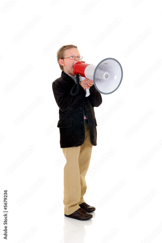 Handsome young boy, child with megaphone,