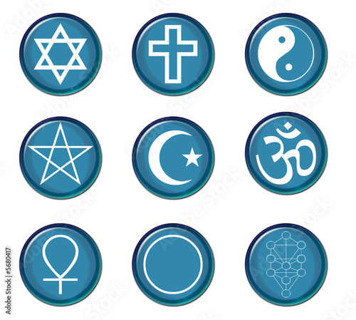 A collection of religious symbol buttons in blue