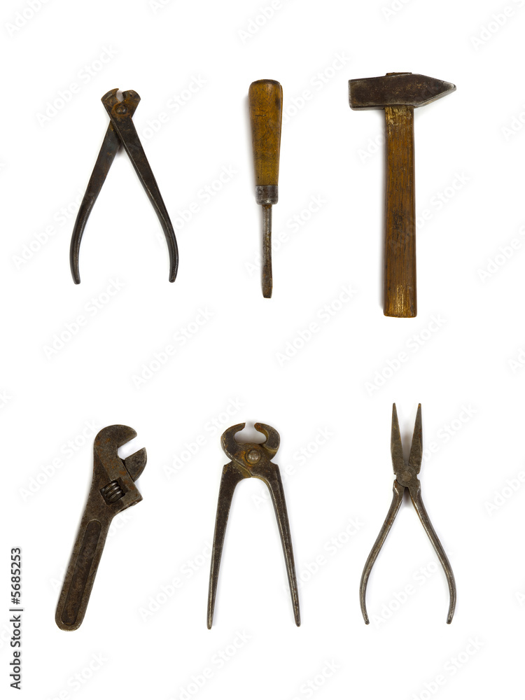 Group of old DIY tools, isolated on white background Group of old DIY tools, isolated on white background