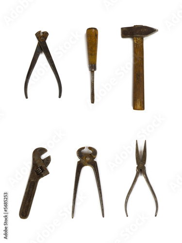 Group of old DIY tools, isolated on white background
