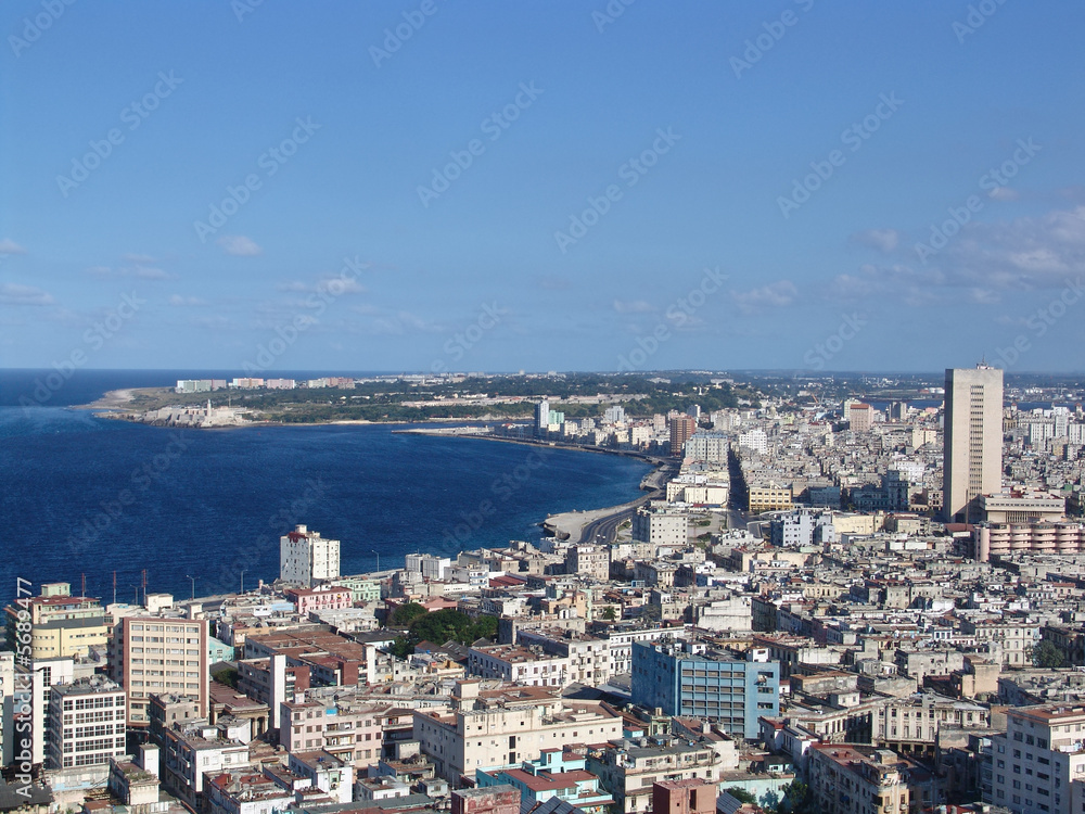 Top view of the sea shore in Havana Cuba.