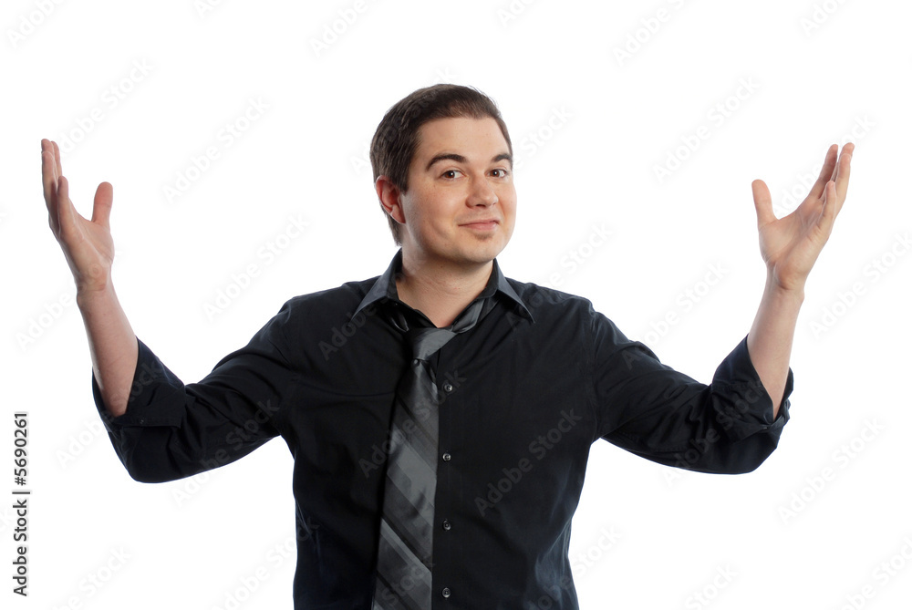 Business man standing with his hands raised up high Business man standing with his hands raised up high
