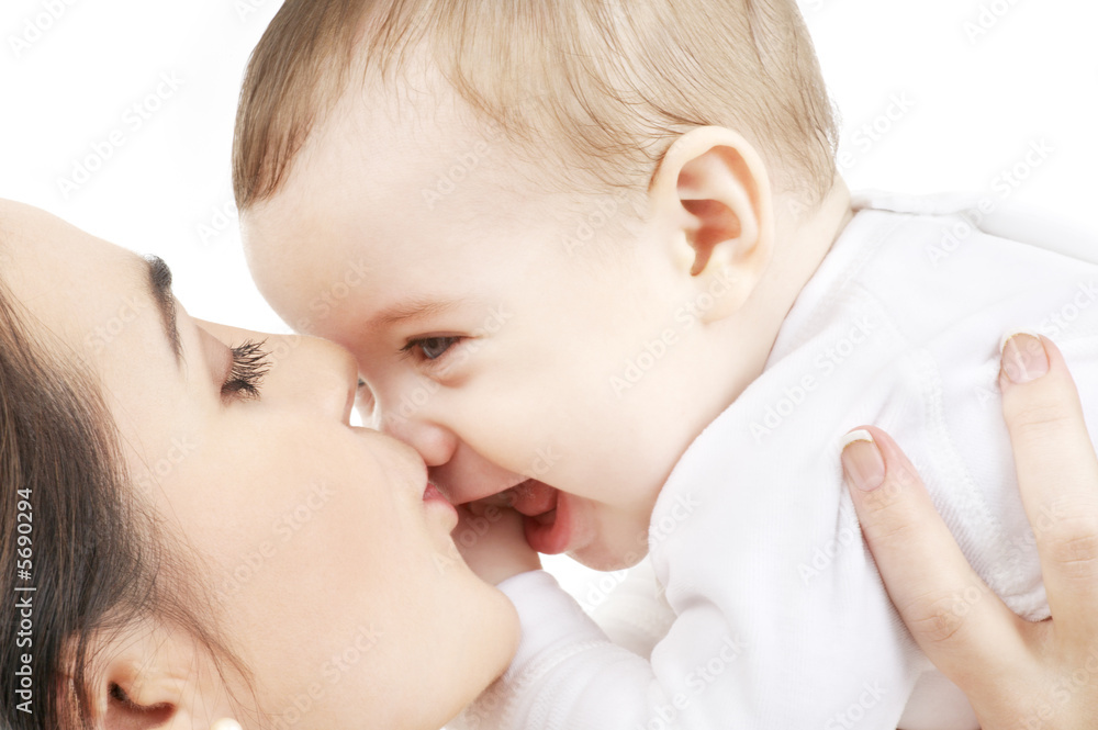 picture of happy mother with baby over white picture of happy mother with baby over white