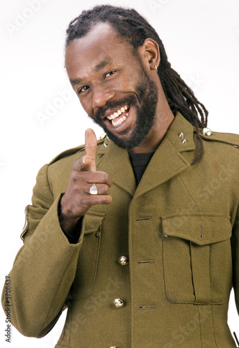 A Black man in a Army jacket