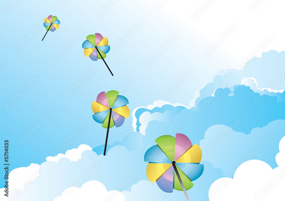 happy pinwheels fly in the sky