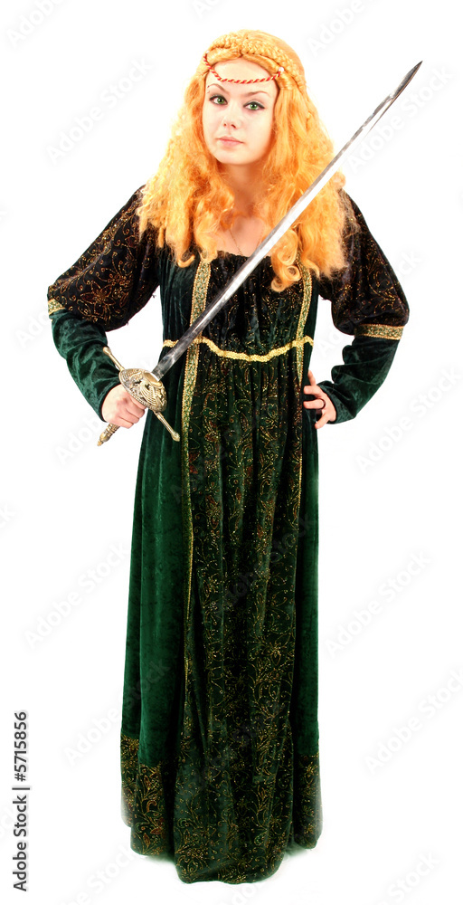knight of the dark ages in Elizabethan green gown
