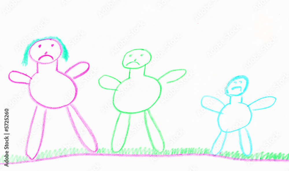 child drawing of an uphappy family in stick people