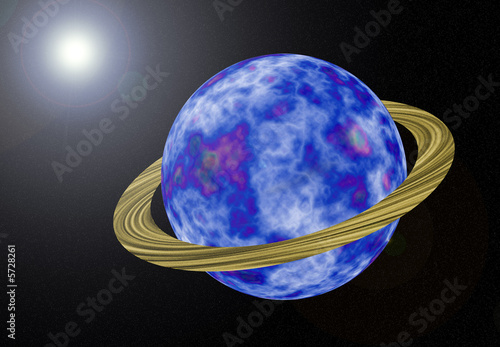 Planet with ring and sun in the second plan