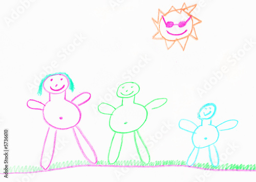 stick people crayon drawing of a family