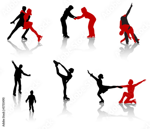 Silhouettes of people on a skating rink. 