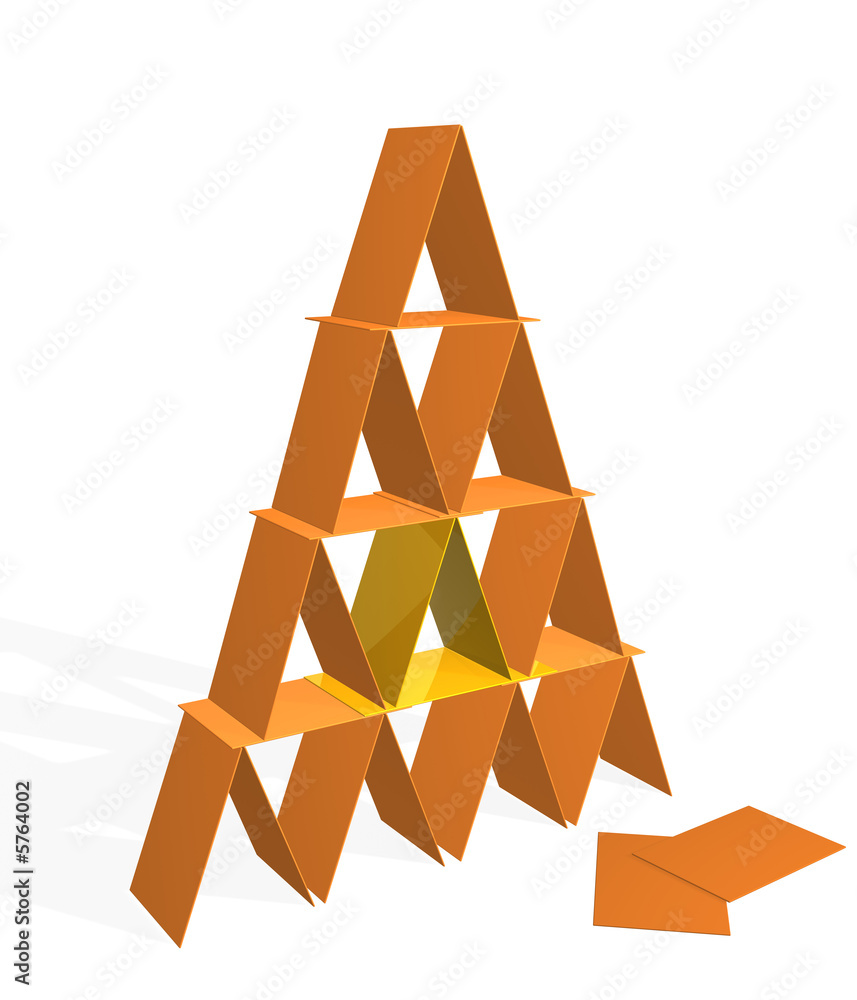 Pyramid from plastic cards of orange and yellow colors