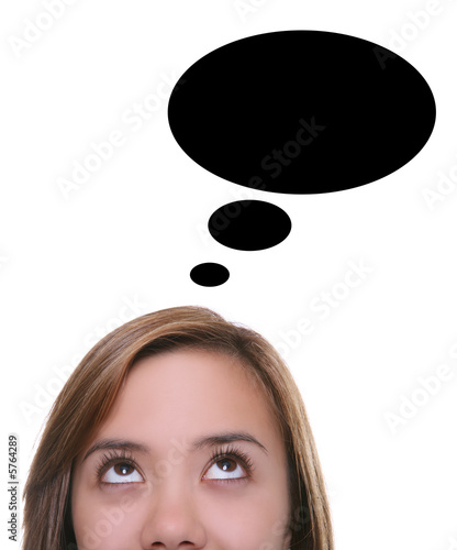 A pretty woman thinking with thought bubbles