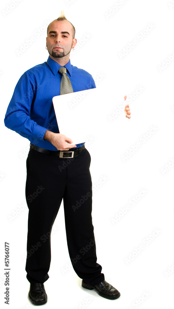 Young businessman, holding a small blank sign. Young businessman, holding a small blank sign.