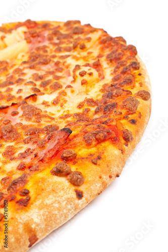 Italian pizza with soft shadow on white background. Shallow DOF