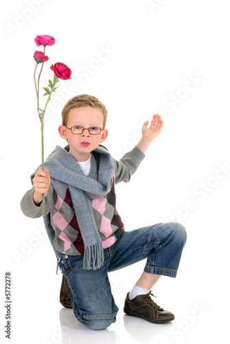 young boy casual dressed,  valentine or mother's day flowers
