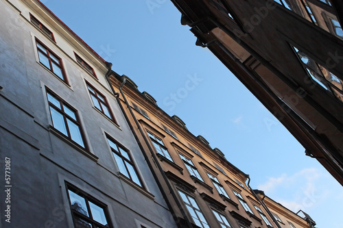 Residential buildings in Stockholm on blue sky. Sweden.