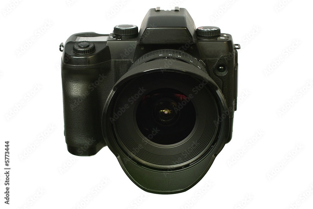 Digital single-lens reflex camera with wide lens.