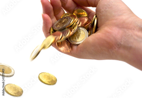 dropping money in hand on white background photo