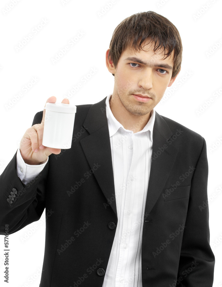confident man showing blank medication container over white confident man showing blank medication container over white