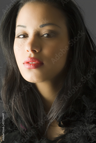 Фотография portrait of young cute brunette in black with red lips