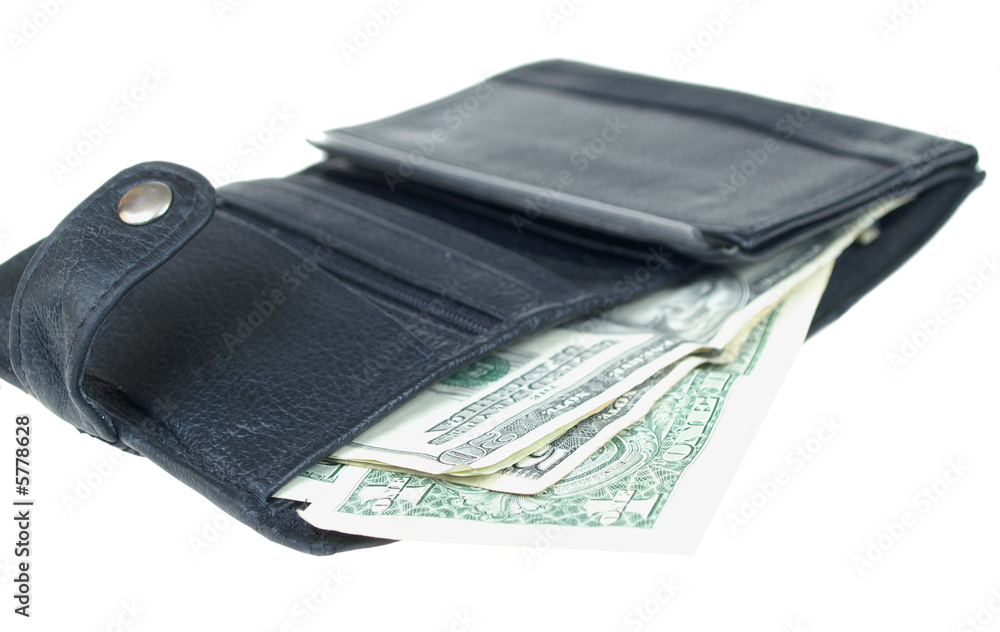 Black wallet with dollars isolated on white Black wallet with dollars isolated on white