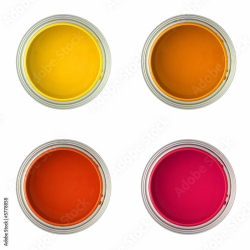 paint cans with yellow, orange, red and pink paint 