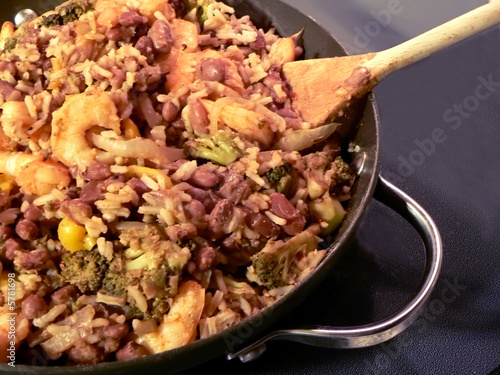 red beans rice shrimp and broccoli stirfry