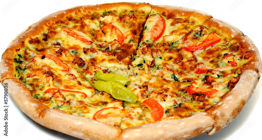 Sliced chicken pizza with pepperoni, tomato Sliced chicken pizza with pepperoni, tomato