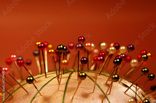 Silk pincushion with multi colored pins (macro picture)
