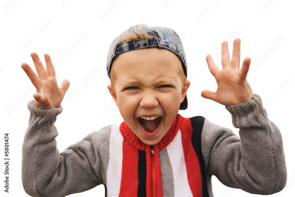 Boy enthusiastically shouts soaking hands.To the boy 4 years..