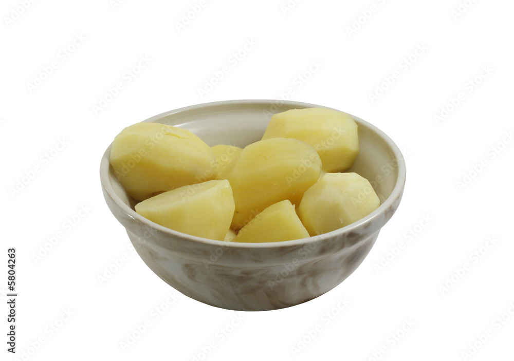 Boiled potatoes in crockery tureen on white background