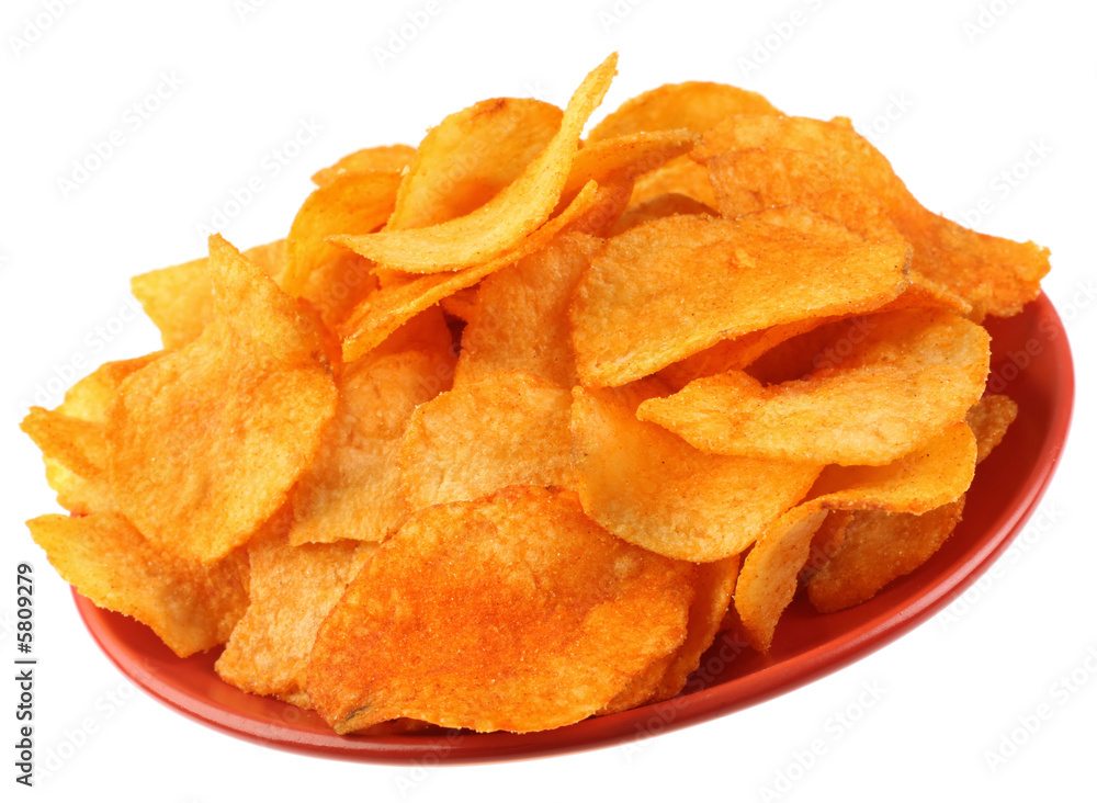 Potato salt chips isolated on white background Potato salt chips isolated on white background
