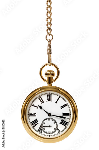 Gold pocket watch and chain, isolated on a white background.