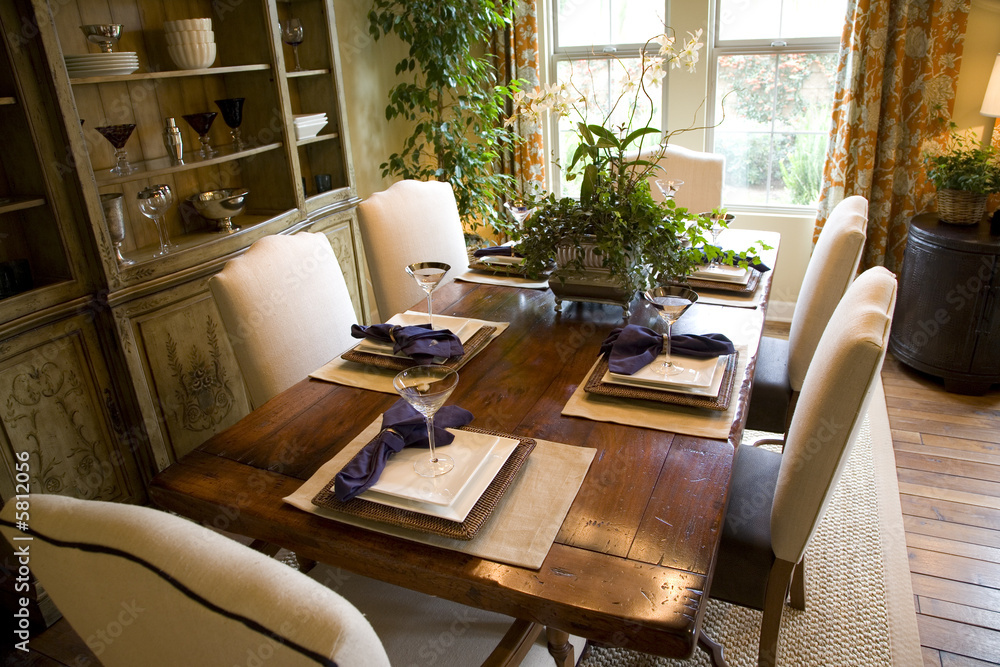 Dining room and table with luxurious decor. Dining room and table with luxurious decor.