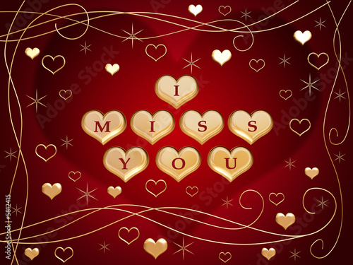 3d golden hearts, red letters, text - I miss you, flowers, stars