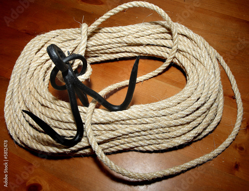 Grappling Hook attached to a Coil of Sisal Rope